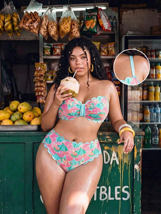 Swim Vcay 2026 New Spring/Summer Plus Size 2-Piece Seashell & Floral Random Print Halter Bikini Set With Detachable Straps, Suitable For Beach & Resort Wear