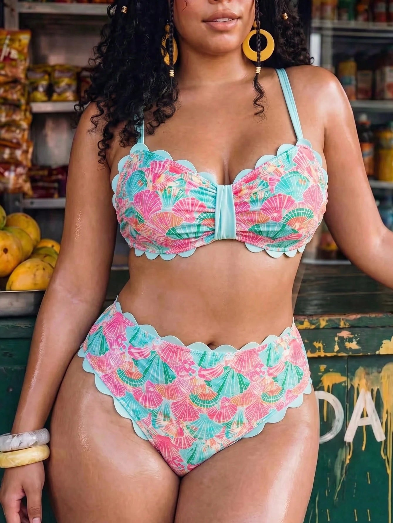 Swim Vcay 2026 New Spring/Summer Plus Size 2-Piece Seashell & Floral Random Print Halter Bikini Set With Detachable Straps, Suitable For Beach & Resort Wear