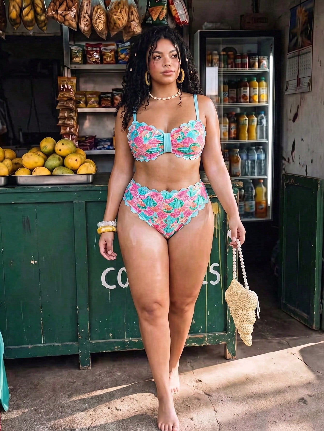 Swim Vcay 2026 New Spring/Summer Plus Size 2-Piece Seashell & Floral Random Print Halter Bikini Set With Detachable Straps, Suitable For Beach & Resort Wear