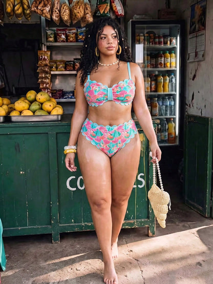 Swim Vcay 2026 New Spring/Summer Plus Size 2-Piece Seashell & Floral Random Print Halter Bikini Set With Detachable Straps, Suitable For Beach & Resort Wear