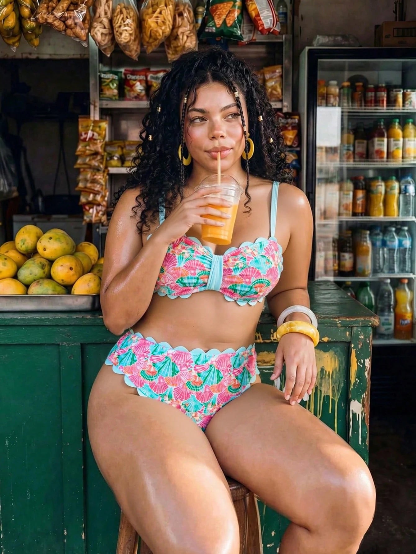 Swim Vcay 2026 New Spring/Summer Plus Size 2-Piece Seashell & Floral Random Print Halter Bikini Set With Detachable Straps, Suitable For Beach & Resort Wear