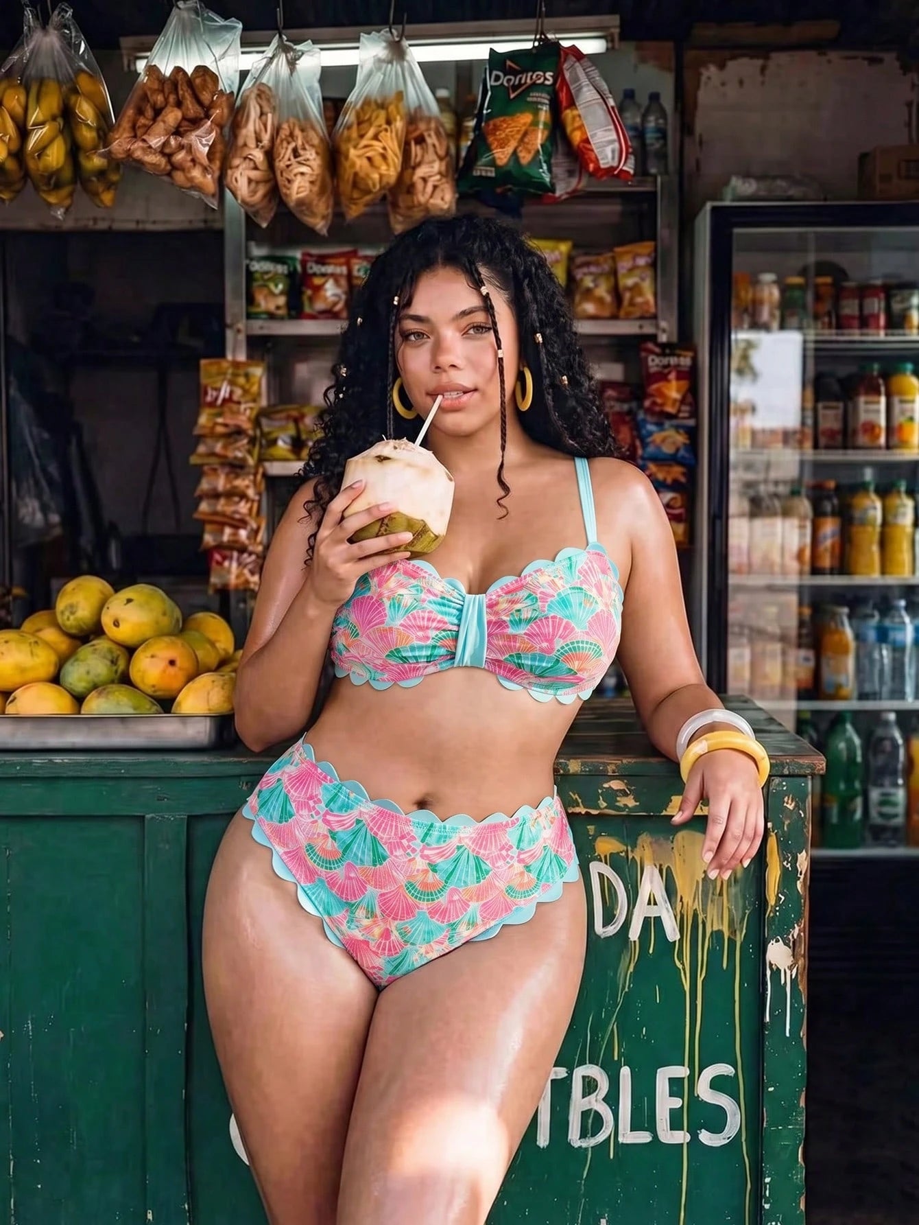 Swim Vcay 2026 New Spring/Summer Plus Size 2-Piece Seashell & Floral Random Print Halter Bikini Set With Detachable Straps, Suitable For Beach & Resort Wear