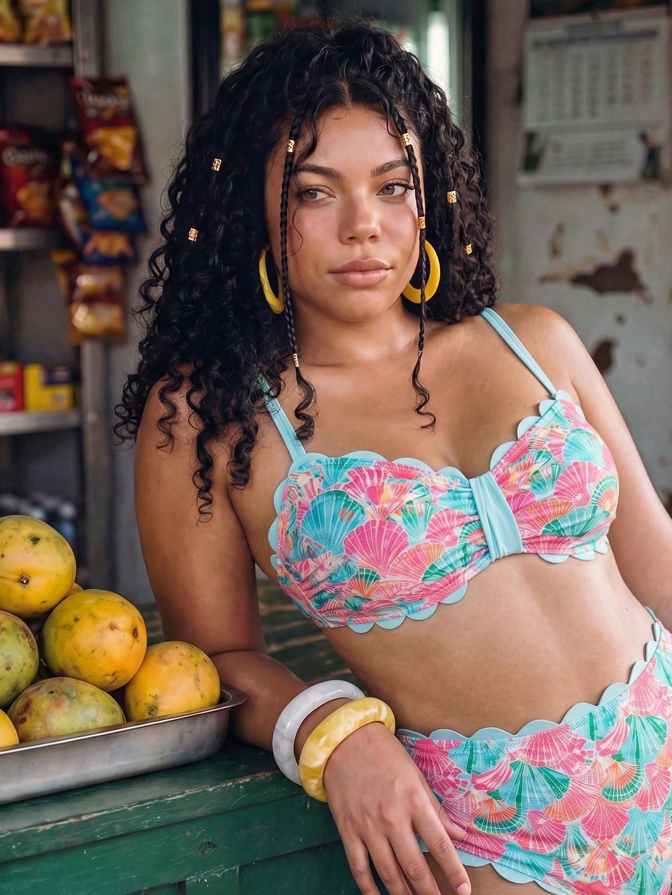 Swim Vcay 2026 New Spring/Summer Plus Size 2-Piece Seashell & Floral Random Print Halter Bikini Set With Detachable Straps, Suitable For Beach & Resort Wear