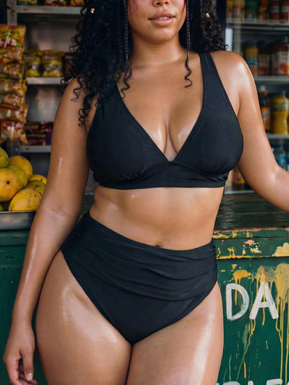 Swim Vcay 2026 New Summer Plus Size Women 2-Piece Random Print High Waist Triangle Bikini Ruched Casual Swimsuit Set
