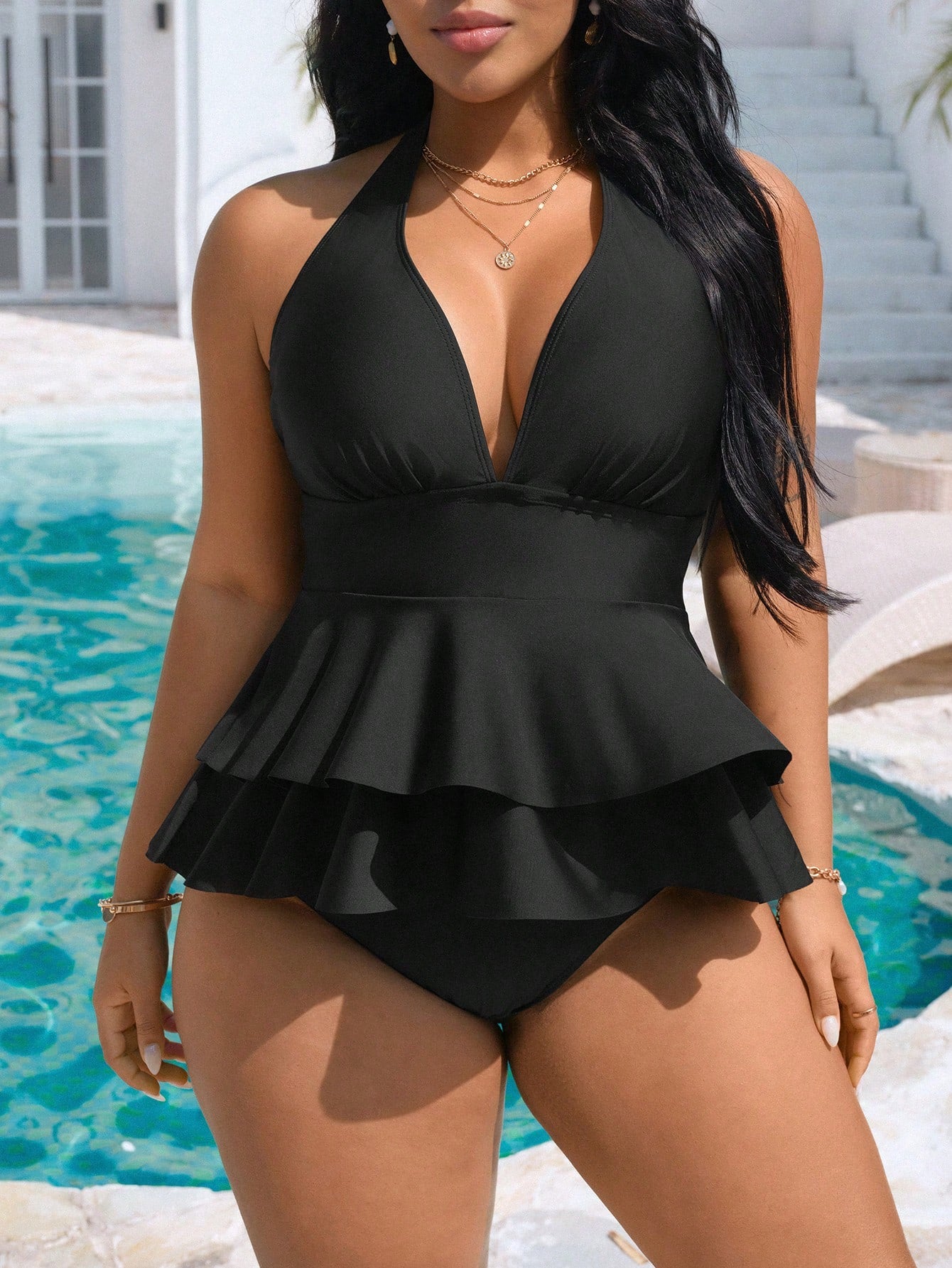 Swim Vcay 2026 New V-Neck Halter Ruffle Top & High Waist Triangle Bottoms Plus Size Women Bikini Set Set, Suitable For Beach & Vacation In Spring/Summer