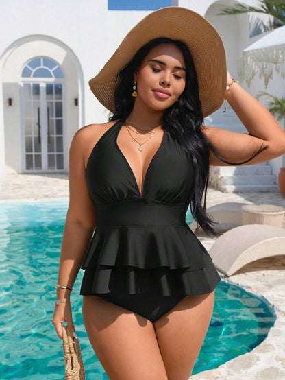 Swim Vcay 2026 New V-Neck Halter Ruffle Top & High Waist Triangle Bottoms Plus Size Women Bikini Set Set, Suitable For Beach & Vacation In Spring/Summer