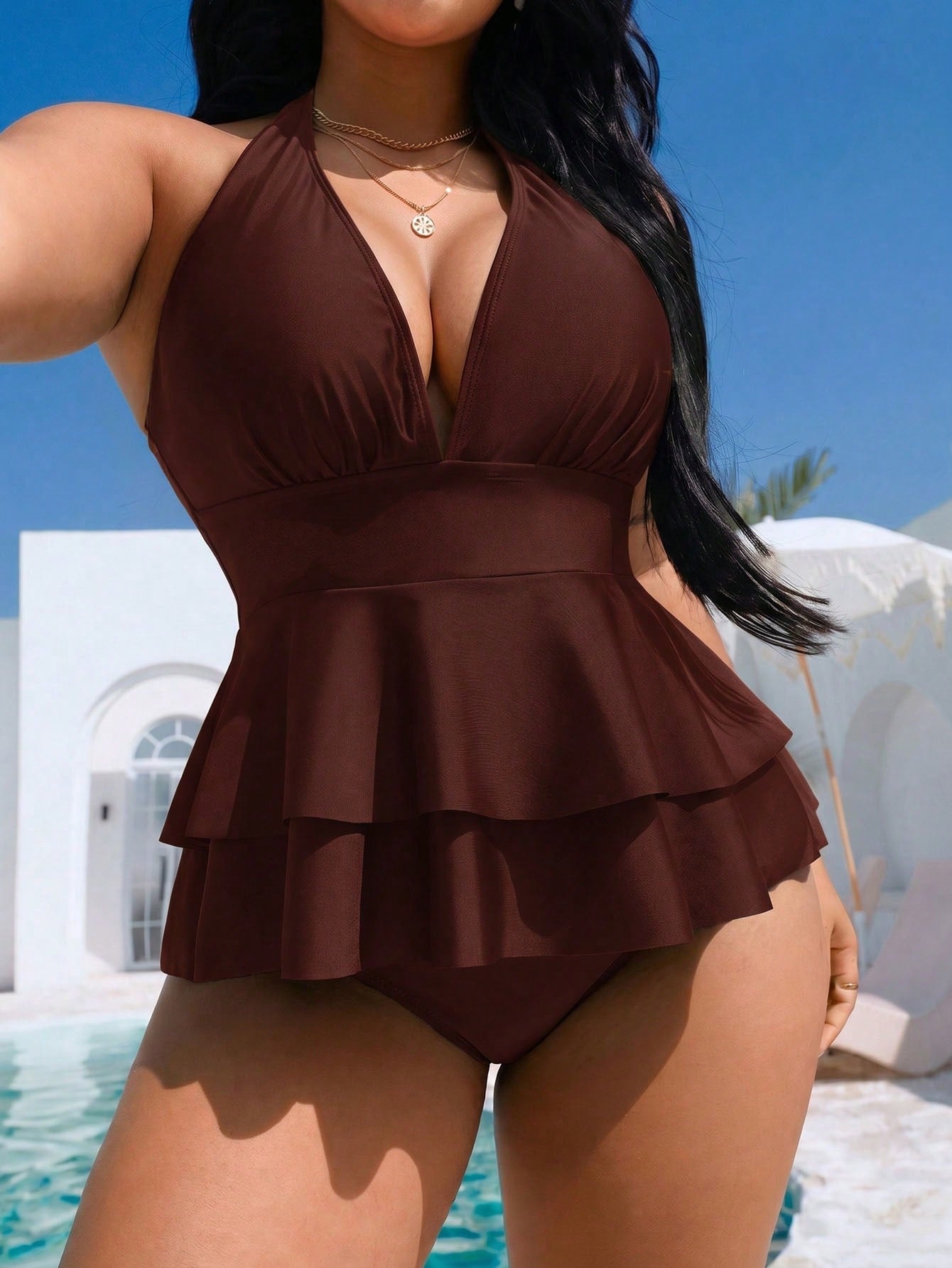 Swim Vcay 2026 New V-Neck Halter Ruffle Top & High Waist Triangle Bottoms Plus Size Women Bikini Set Set, Suitable For Beach & Vacation In Spring/Summer