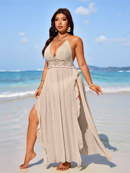 Swim Vcay 2026 Plus Size Crochet Knit Beach Cover-Up Maxi Dress, Vacation Style