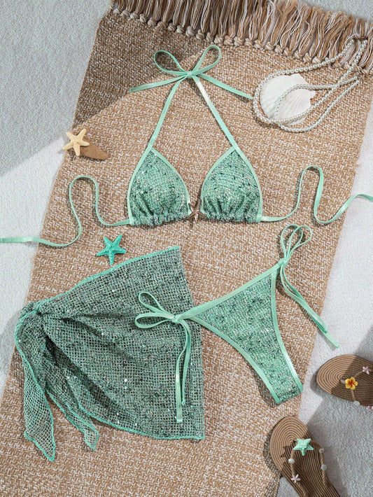 Swim Vcay 2026 Spring/Summer Women's 3 PiecesGold Sequin Star Bikini Set, Two-Piece Swimsuit Beachwear