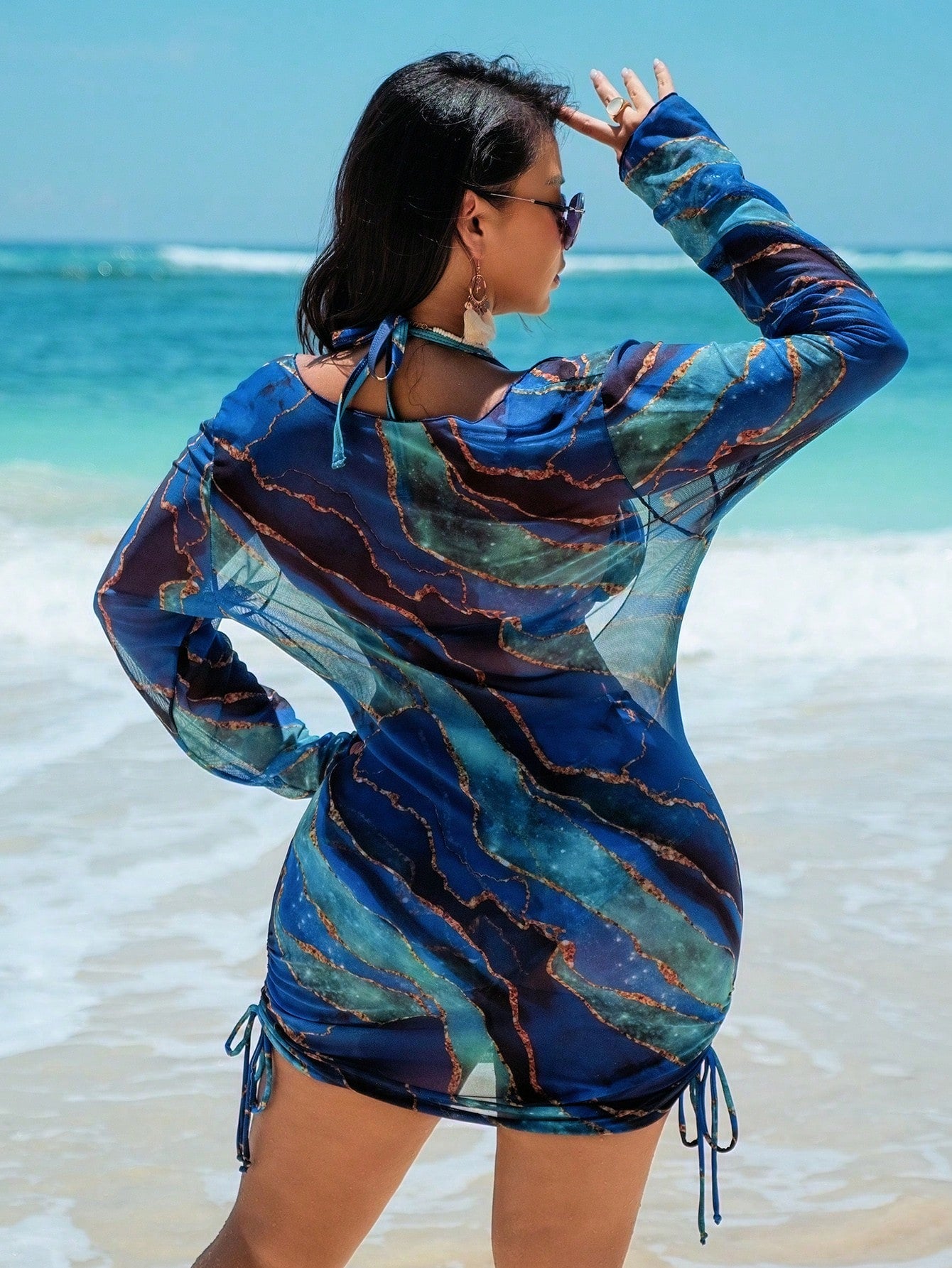 Swim Vcay 3pcs Set: Plus Size Allover Print Halter Neck Tie Back Top,Swim Bottom And Long Sleeve Beach Cover Up Swimwear Summer