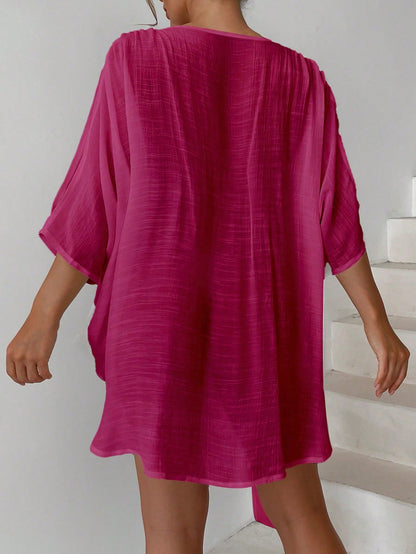 Swim Vcay Casual Elegant Loose Solid Color Batwing Sleeve Cover Up For Summer Beach Vacation
