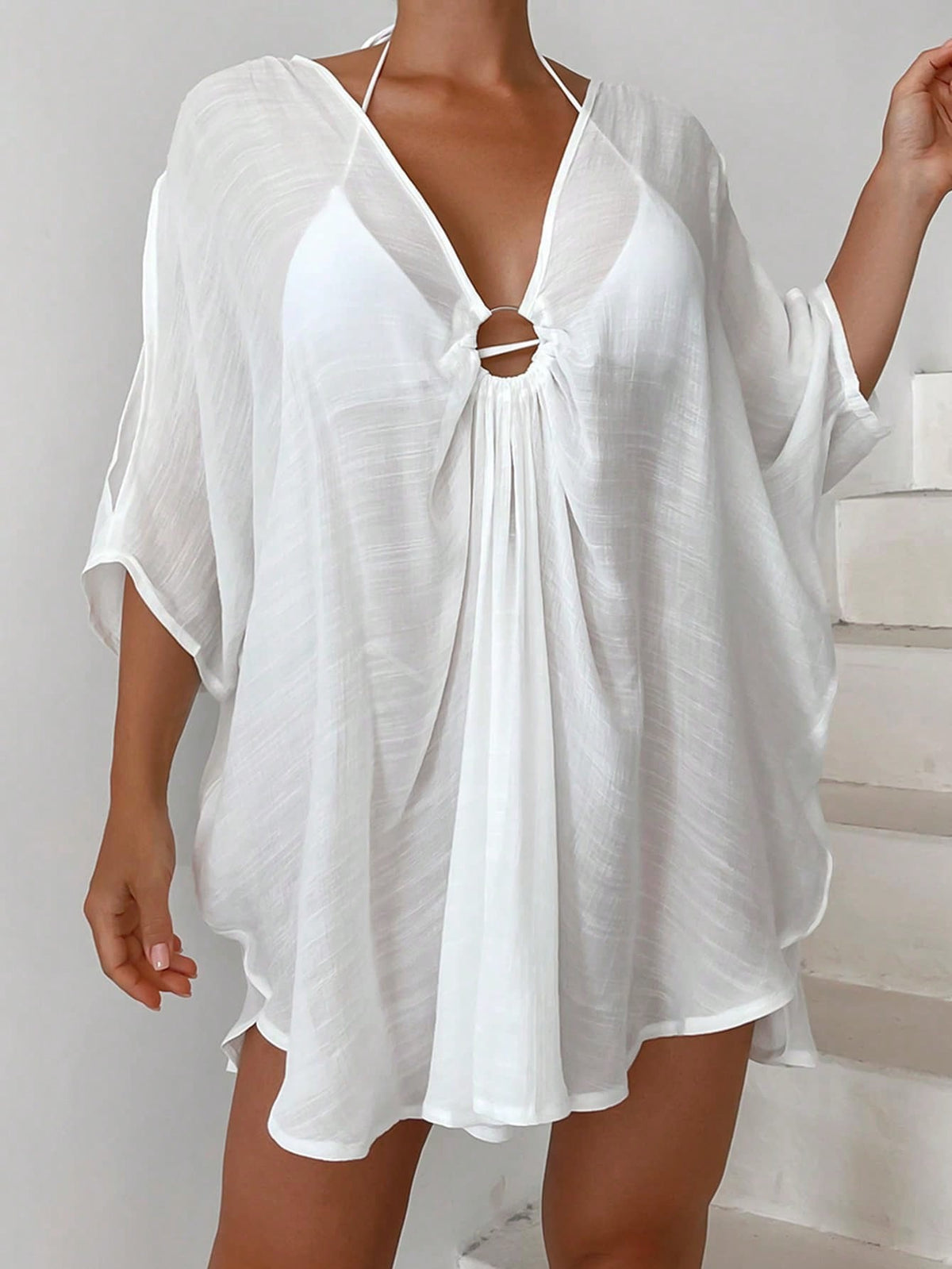 Swim Vcay Casual Elegant Loose Solid Color Batwing Sleeve Cover Up For Summer Beach Vacation