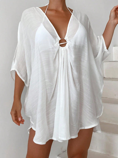 Swim Vcay Casual Elegant Loose Solid Color Batwing Sleeve Cover Up For Summer Beach Vacation