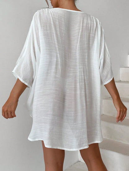 Swim Vcay Casual Elegant Loose Solid Color Batwing Sleeve Cover Up For Summer Beach Vacation