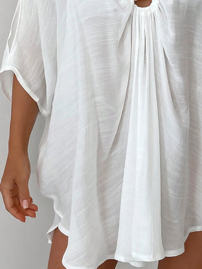 Swim Vcay Casual Elegant Loose Solid Color Batwing Sleeve Cover Up For Summer Beach Vacation