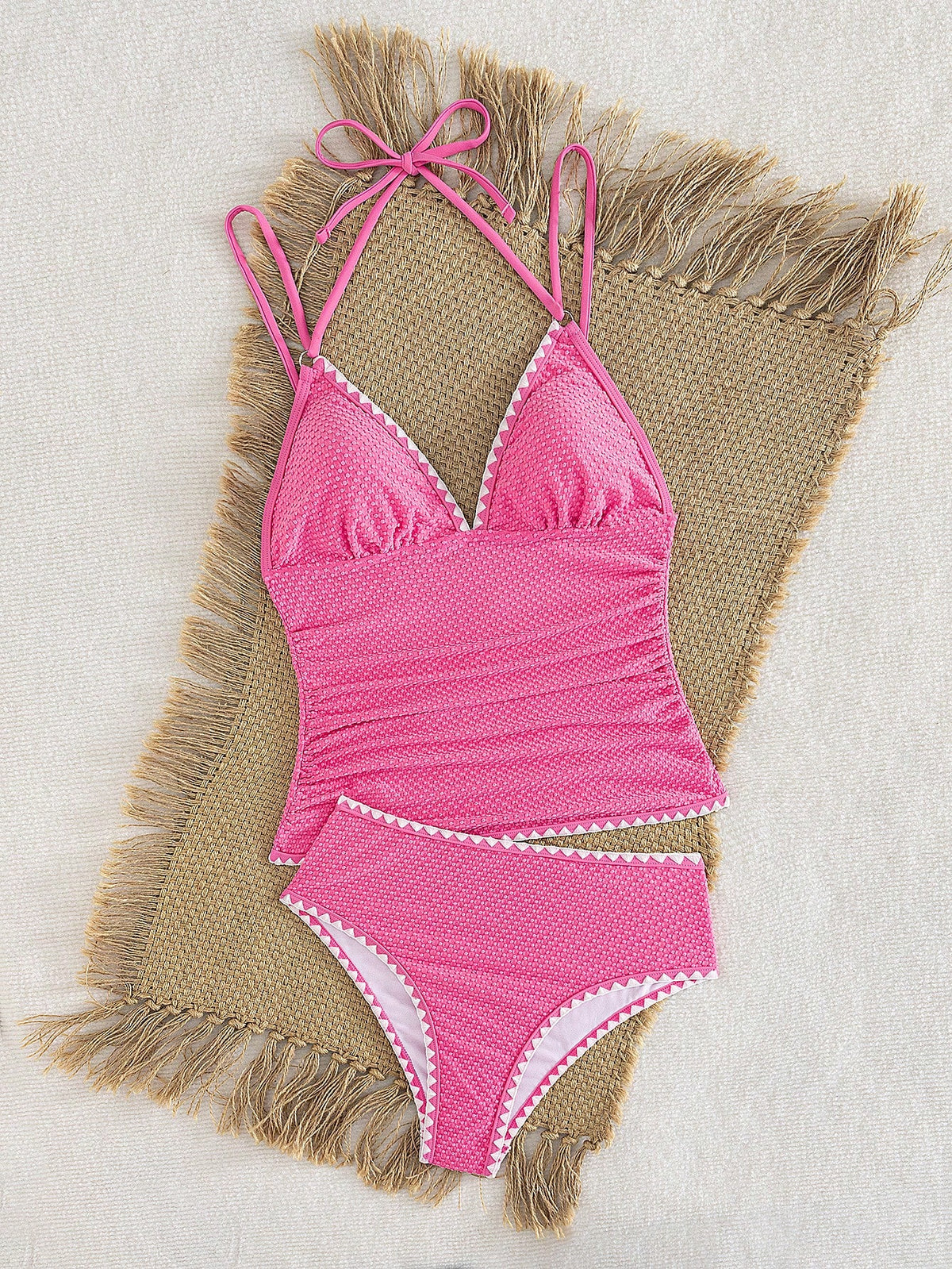 Swim Vcay New Women's Textured Fabric Tankini Swimwear With Black Decorative Lines And Ruched Waist Design, Vacation Spaghetti Strap Bikini CQDH