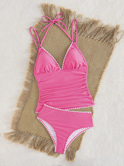 Swim Vcay New Women's Textured Fabric Tankini Swimwear With Black Decorative Lines And Ruched Waist Design, Vacation Spaghetti Strap Bikini CQDH