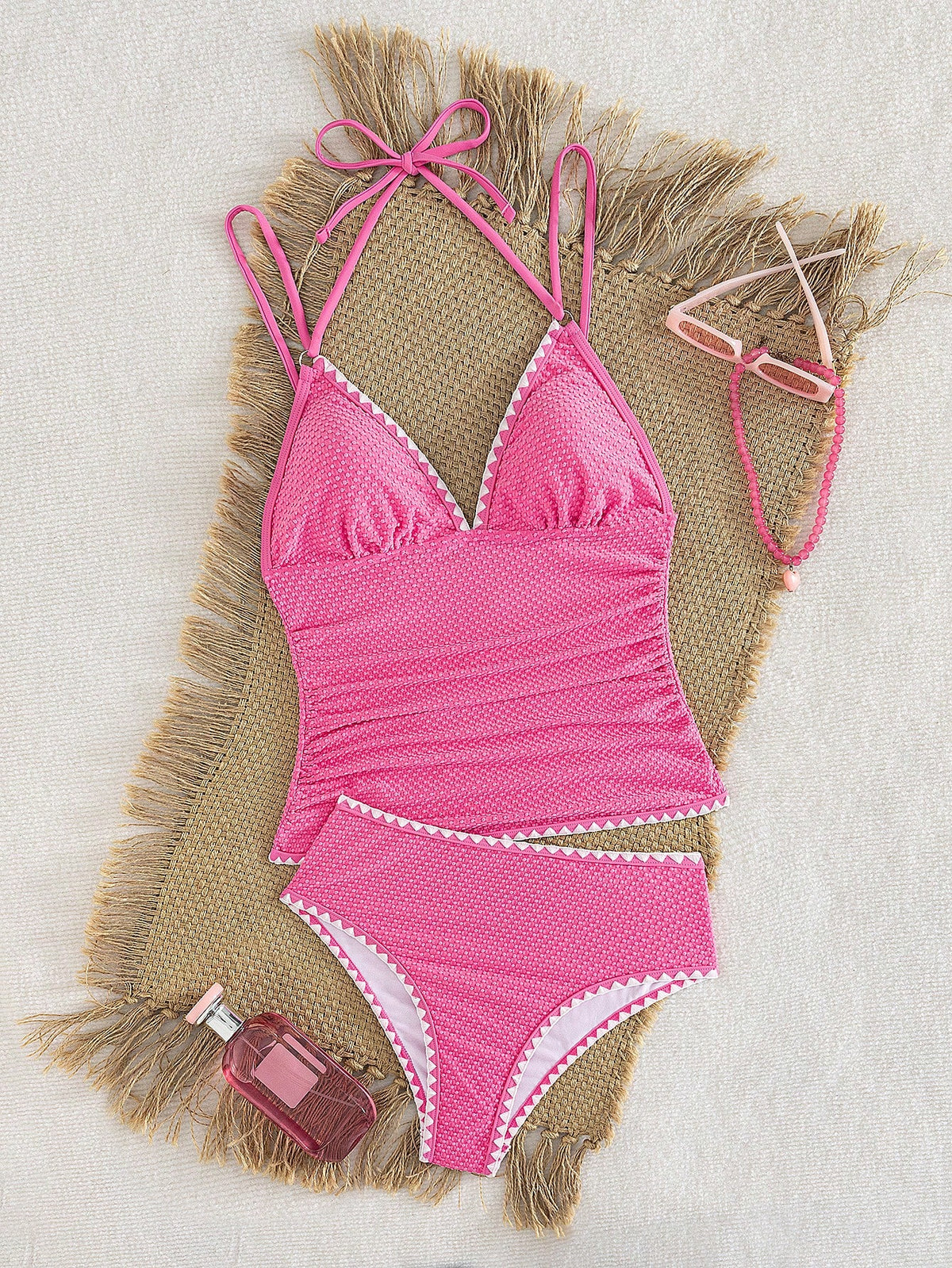 Swim Vcay New Women's Textured Fabric Tankini Swimwear With Black Decorative Lines And Ruched Waist Design, Vacation Spaghetti Strap Bikini CQDH