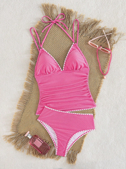 Swim Vcay New Women's Textured Fabric Tankini Swimwear With Black Decorative Lines And Ruched Waist Design, Vacation Spaghetti Strap Bikini CQDH