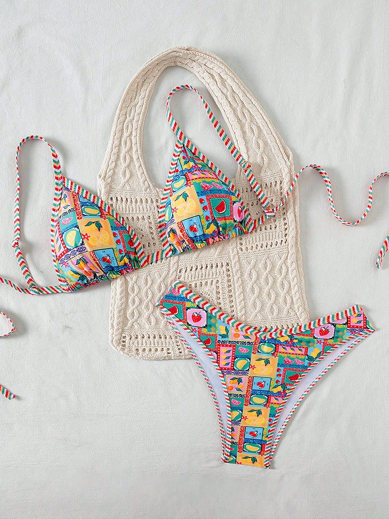 Swim Vcay Plus Size Women 2pcs Fruit Print Sexy Cute Trim Bikini Bottom High Leg Shorts Swimwear Set, For Summer Beach Vacation
