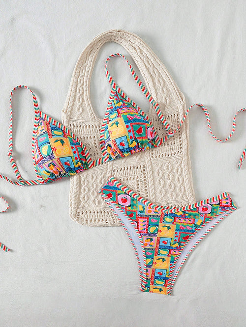 Swim Vcay Plus Size Women 2pcs Fruit Print Sexy Cute Trim Bikini Bottom High Leg Shorts Swimwear Set, For Summer Beach Vacation