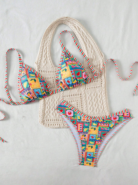 Swim Vcay Plus Size Women 2pcs Fruit Print Sexy Cute Trim Bikini Bottom High Leg Shorts Swimwear Set, For Summer Beach Vacation
