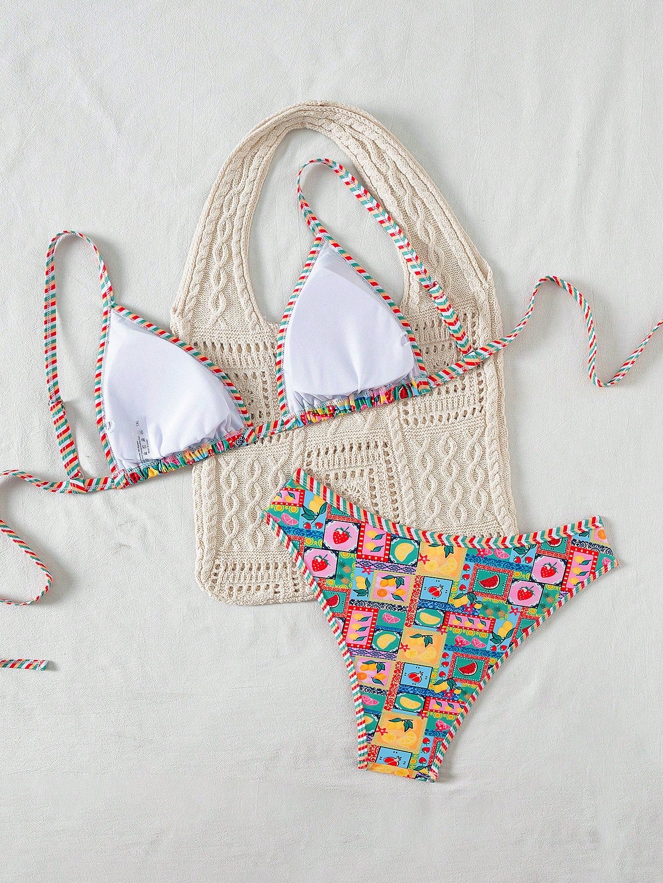 Swim Vcay Plus Size Women 2pcs Fruit Print Sexy Cute Trim Bikini Bottom High Leg Shorts Swimwear Set, For Summer Beach Vacation
