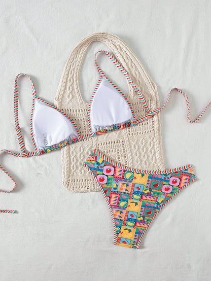 Swim Vcay Plus Size Women 2pcs Fruit Print Sexy Cute Trim Bikini Bottom High Leg Shorts Swimwear Set, For Summer Beach Vacation