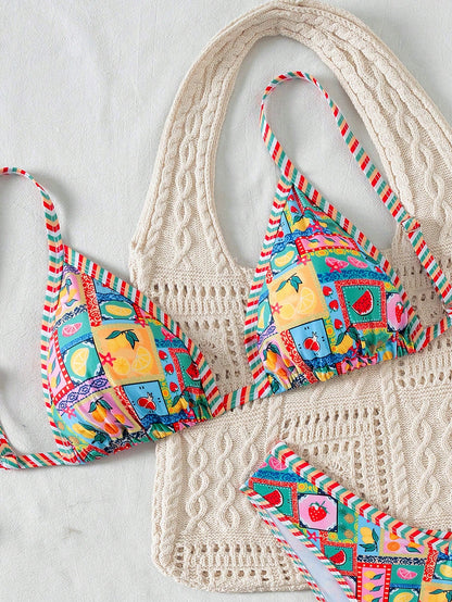 Swim Vcay Plus Size Women 2pcs Fruit Print Sexy Cute Trim Bikini Bottom High Leg Shorts Swimwear Set, For Summer Beach Vacation