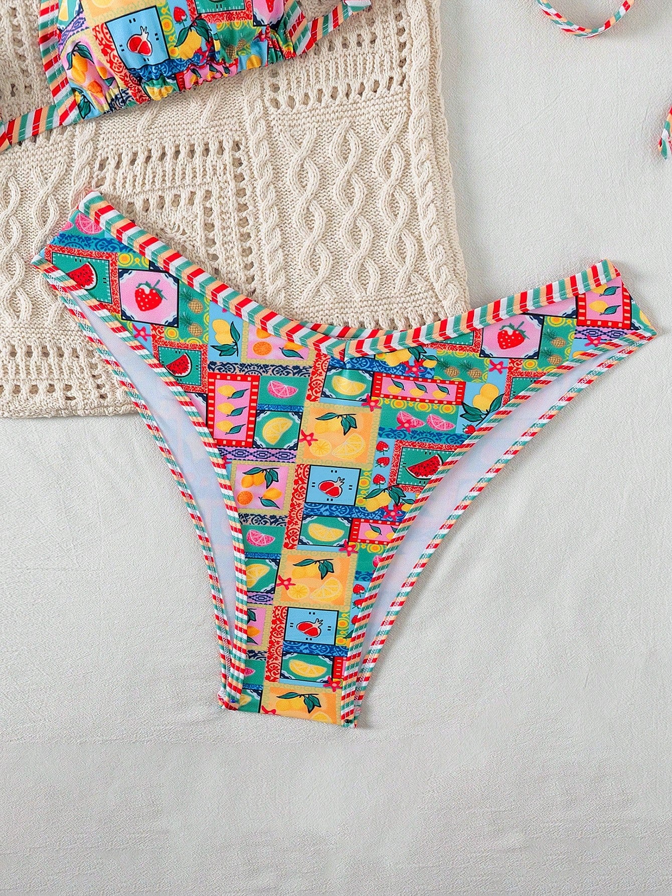 Swim Vcay Plus Size Women 2pcs Fruit Print Sexy Cute Trim Bikini Bottom High Leg Shorts Swimwear Set, For Summer Beach Vacation