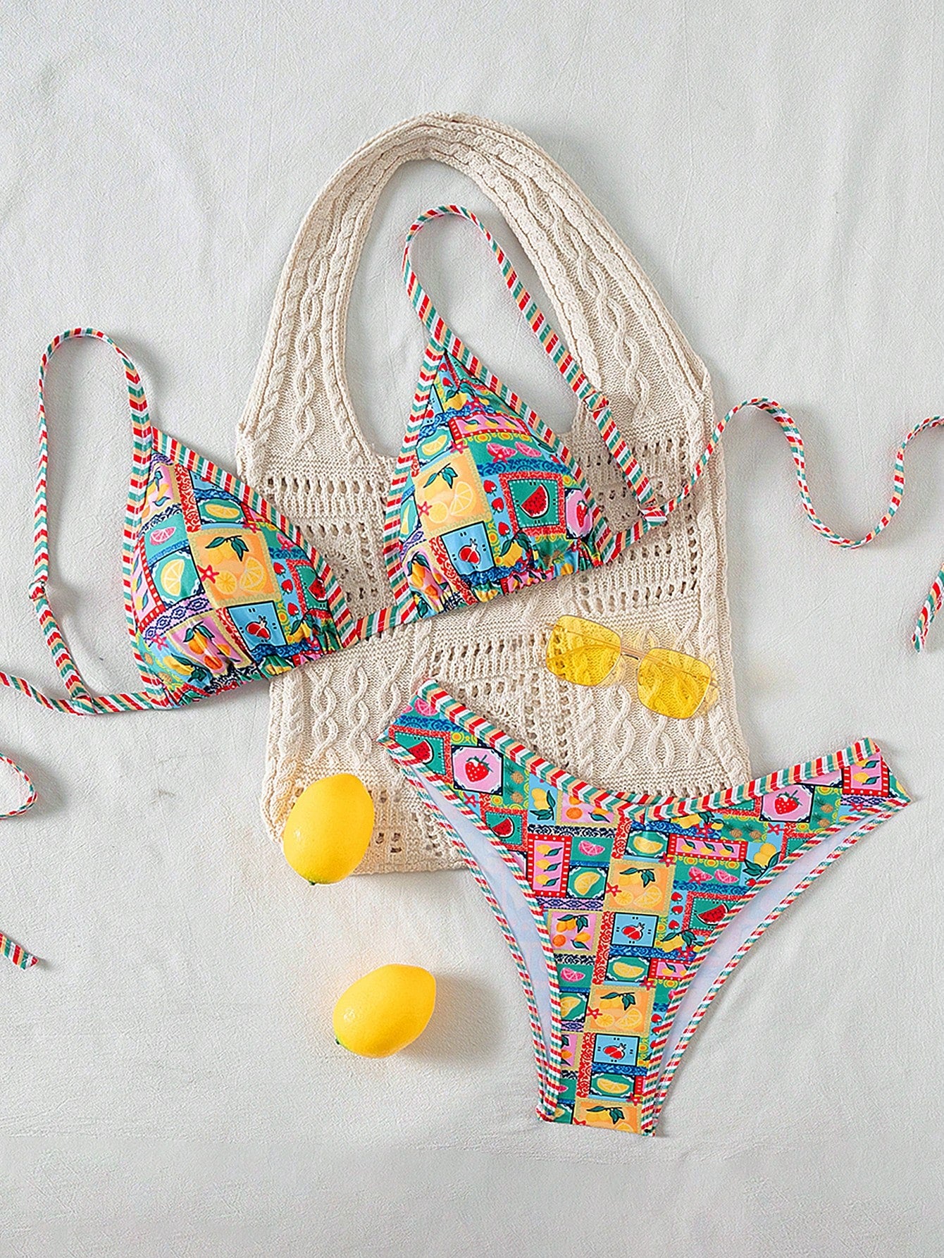 Swim Vcay Plus Size Women 2pcs Fruit Print Sexy Cute Trim Bikini Bottom High Leg Shorts Swimwear Set, For Summer Beach Vacation