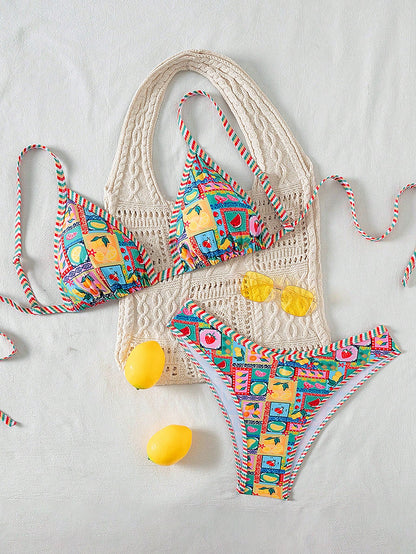 Swim Vcay Plus Size Women 2pcs Fruit Print Sexy Cute Trim Bikini Bottom High Leg Shorts Swimwear Set, For Summer Beach Vacation