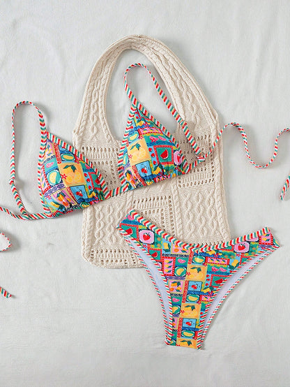 Swim Vcay Plus Size Women 2pcs Fruit Print Sexy Cute Trim Bikini Bottom High Leg Shorts Swimwear Set, For Summer Beach Vacation