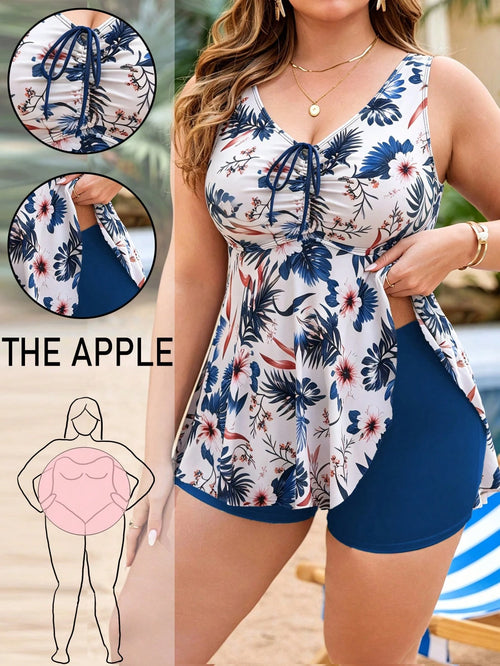 Swim Vcay Plus Size Women 2pcs Set Random Print Tank Top Drawstring Front Tummy Control Slimming Minimalist Vacation Beach Swimsuit Set