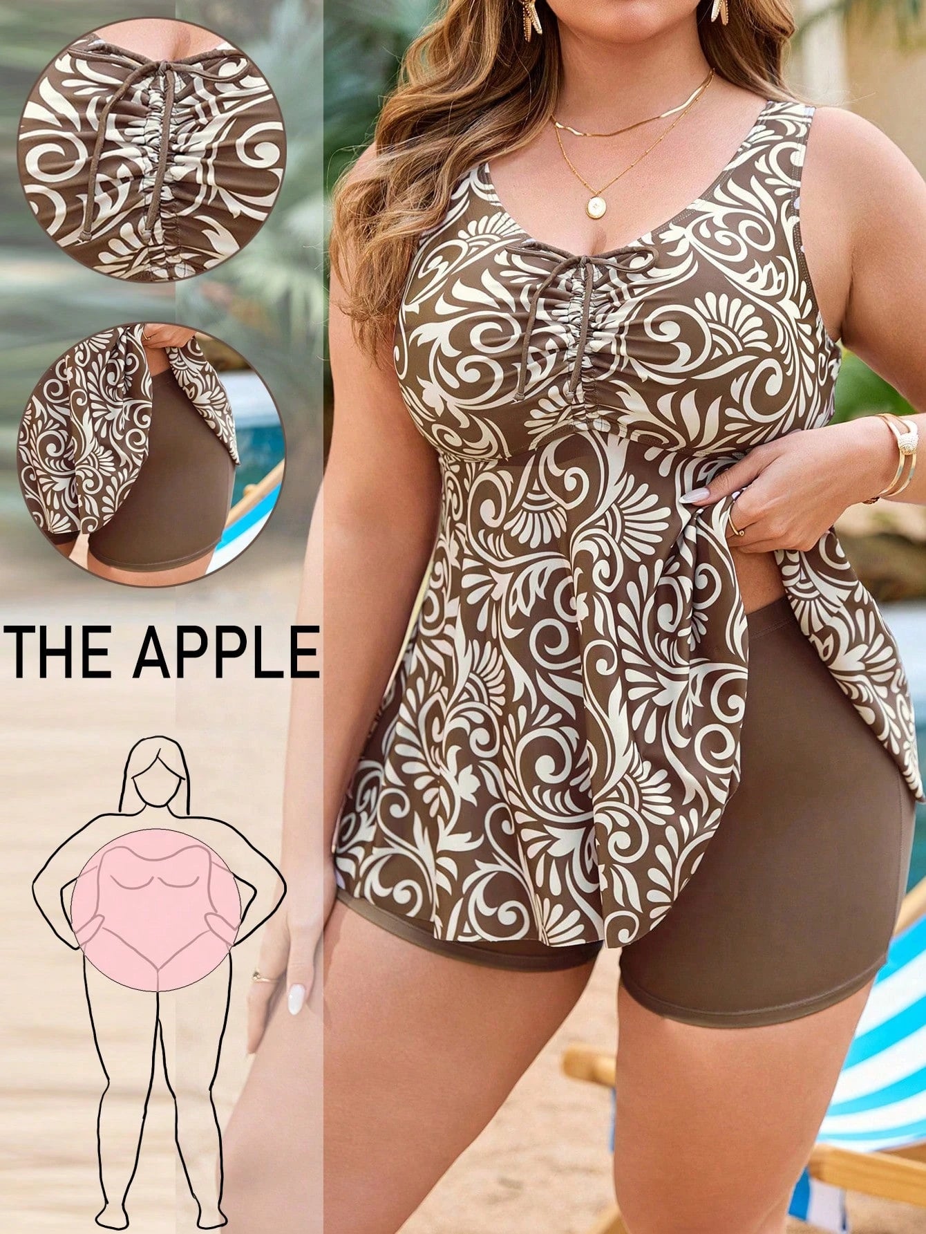 Swim Vcay Plus Size Women 2pcs Set Random Print Tank Top Drawstring Front Tummy Control Slimming Minimalist Vacation Beach Swimsuit Set