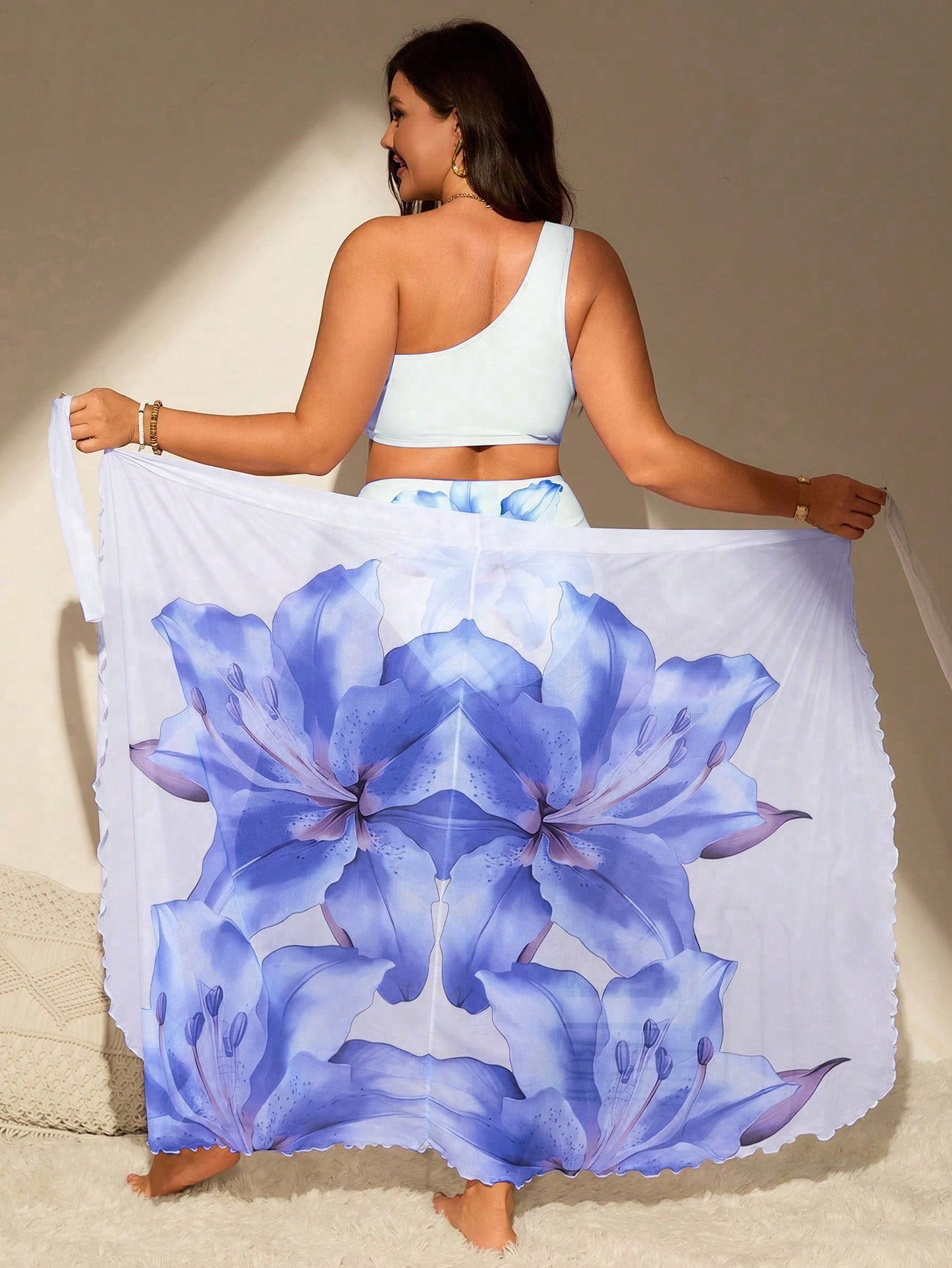 Swim Vcay Plus Size Women 3-Piece Light Blue 3D Lily Flower Decor One-Shoulder Top, High-Waist Pants And Skirt Swimwear Set Vacation Summer