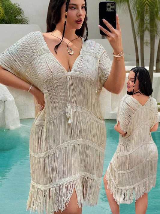 Swim Vcay Plus Size Women Deep V-Neck Knitted Beach Fringe Dress, Hollow Out Tasseled Solid Cover Up,Beach Cover Up For Summer Beach Vacation