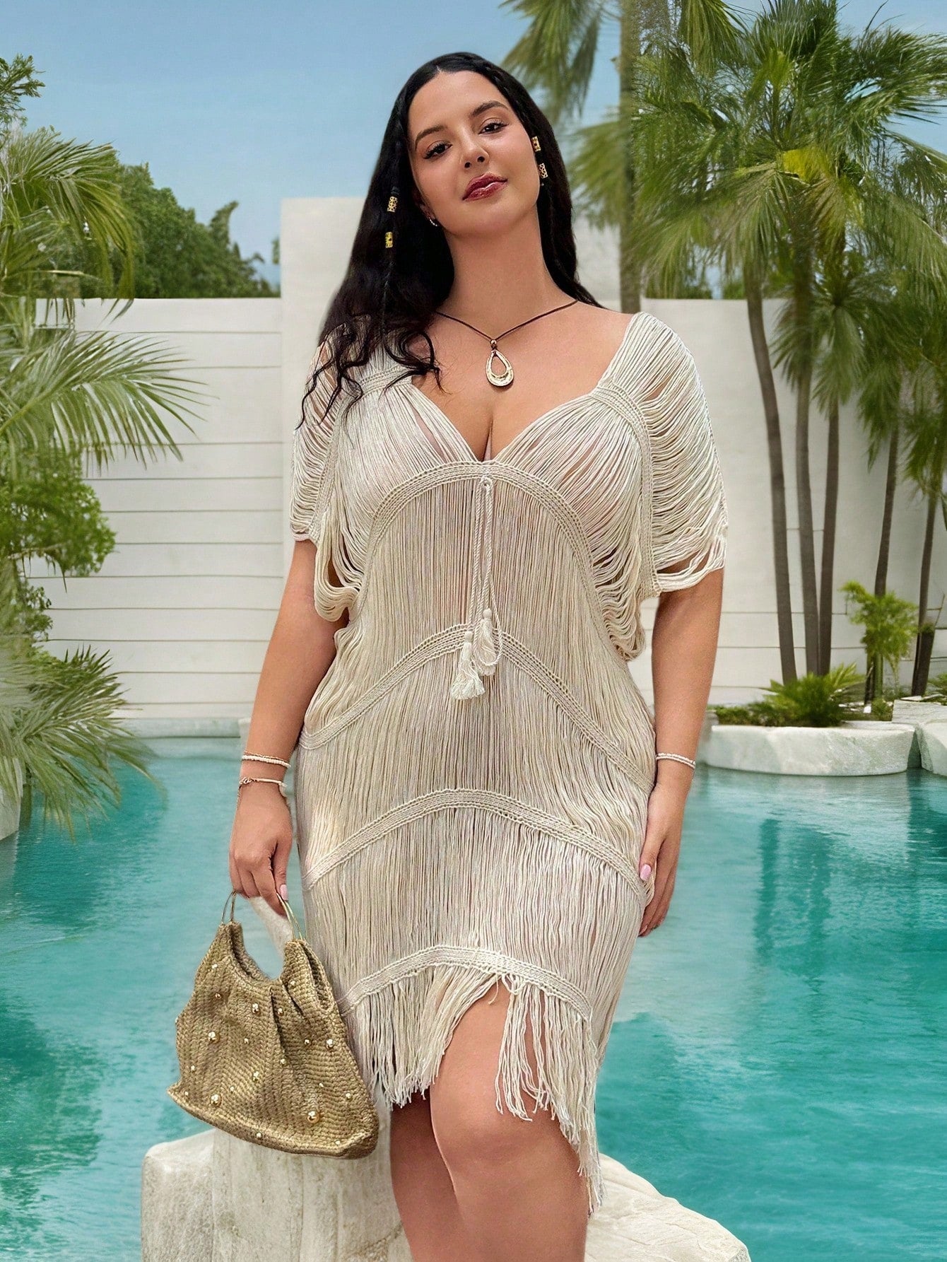 Swim Vcay Plus Size Women Deep V-Neck Knitted Beach Fringe Dress, Hollow Out Tasseled Solid Cover Up,Beach Cover Up For Summer Beach Vacation