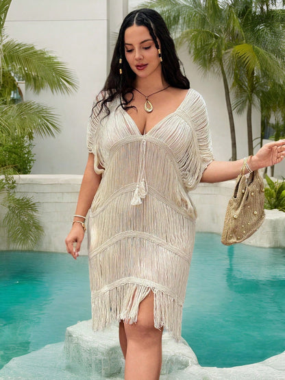 Swim Vcay Plus Size Women Deep V-Neck Knitted Beach Fringe Dress, Hollow Out Tasseled Solid Cover Up,Beach Cover Up For Summer Beach Vacation