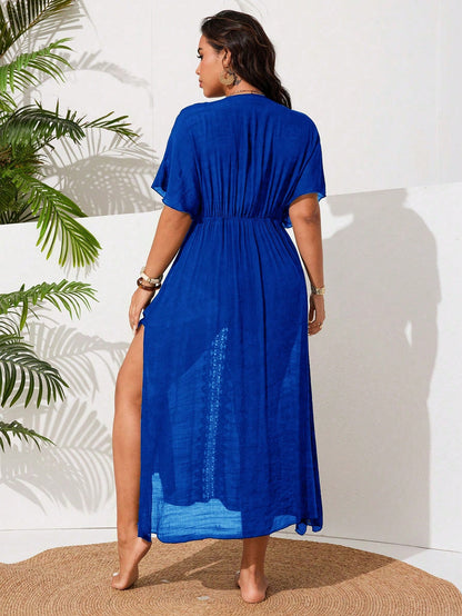 Swim Vcay Plus Size Women's Casual Vacation Beach Dress With Side Slit Floral Lace Patchwork