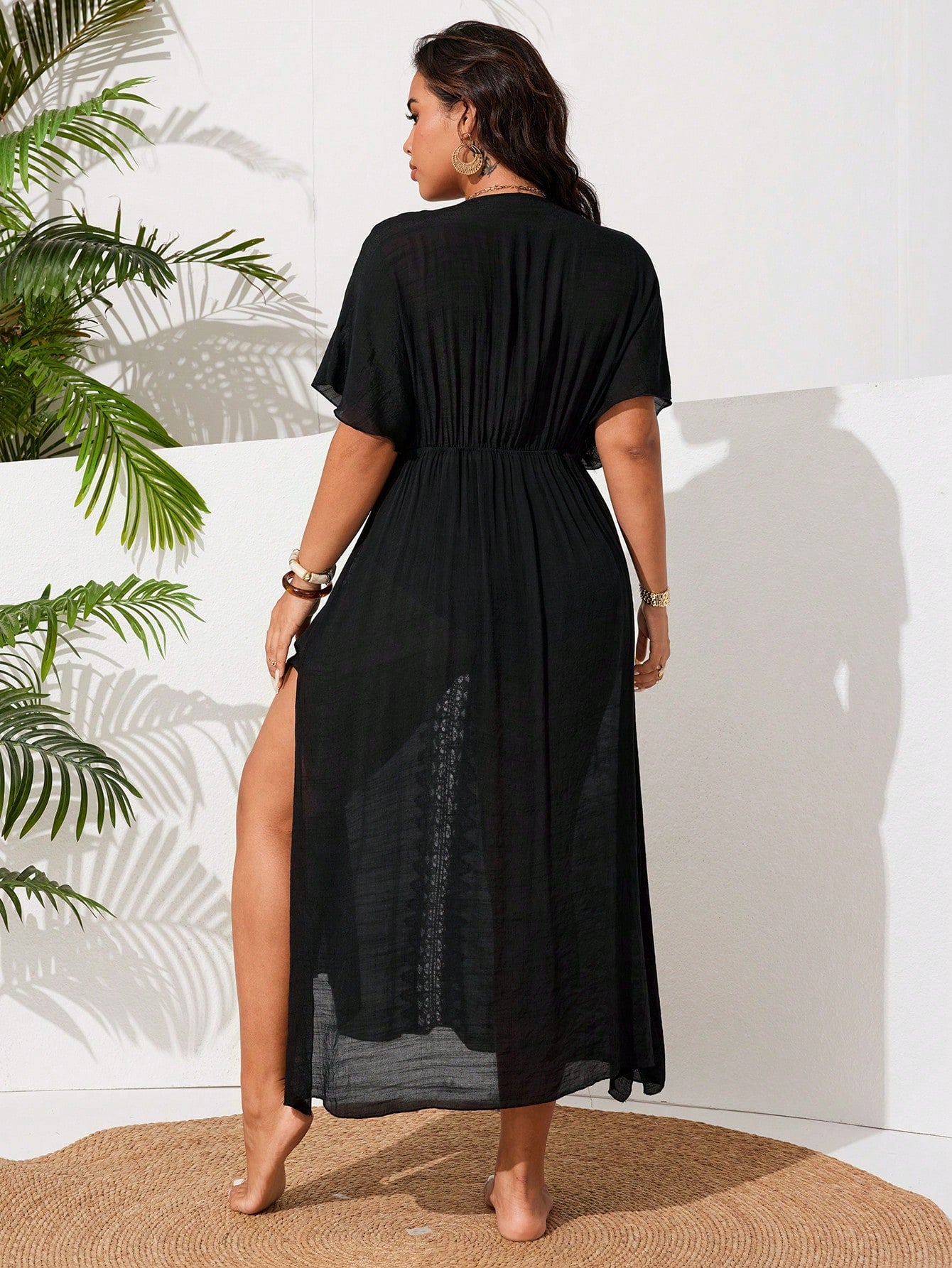 Swim Vcay Plus Size Women's Casual Vacation Beach Dress With Side Slit Floral Lace Patchwork