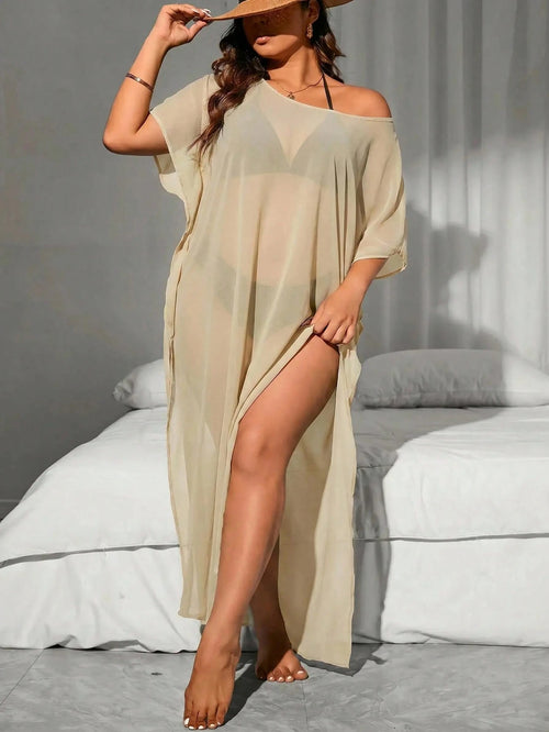 Swim Vcay Plus Size Women's Solid Color Asymmetrical Shoulder Batwing Sleeve Side Slit Hem Cover Up Dress