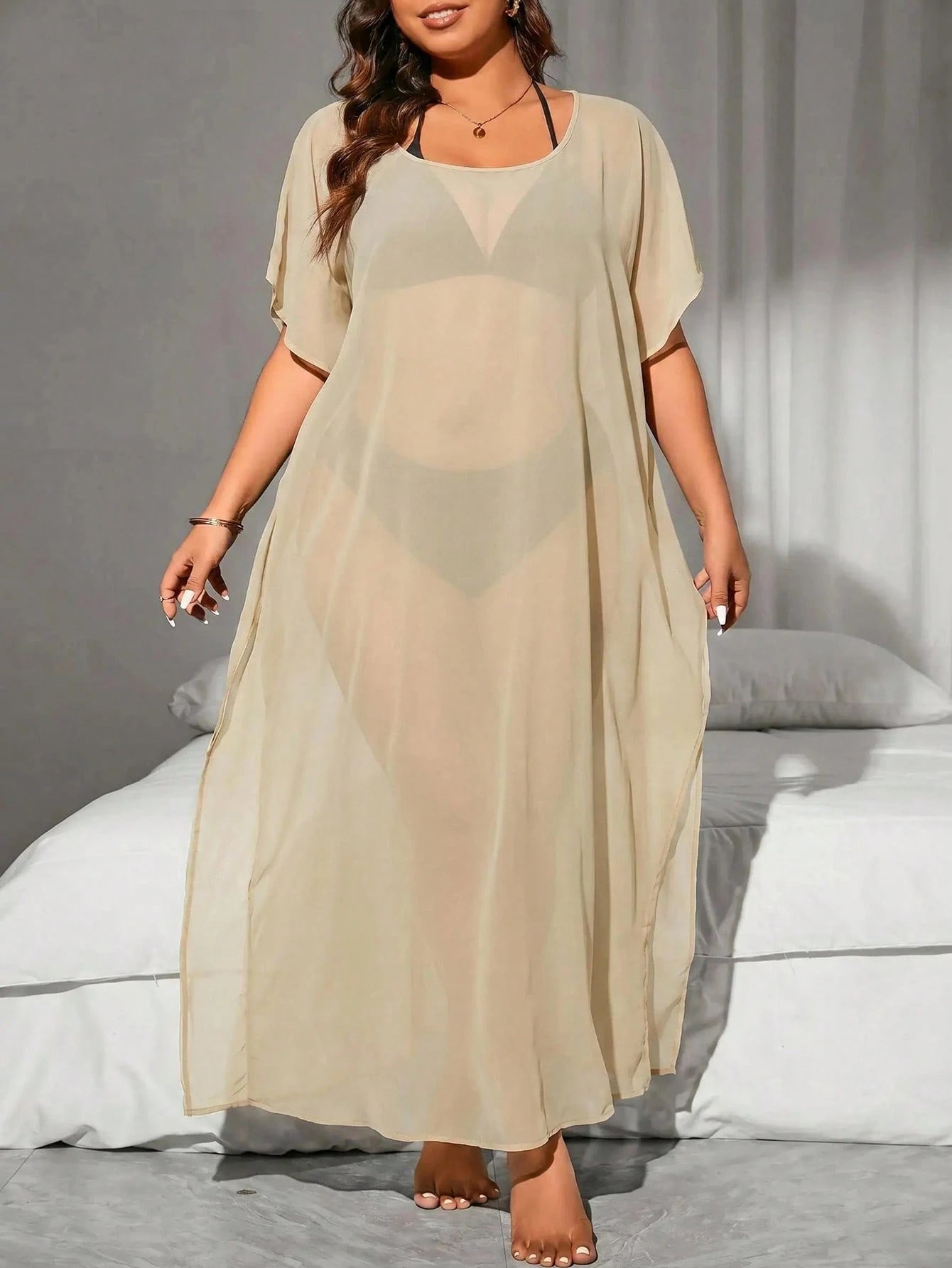 Swim Vcay Plus Size Women's Solid Color Asymmetrical Shoulder Batwing Sleeve Side Slit Hem Cover Up Dress