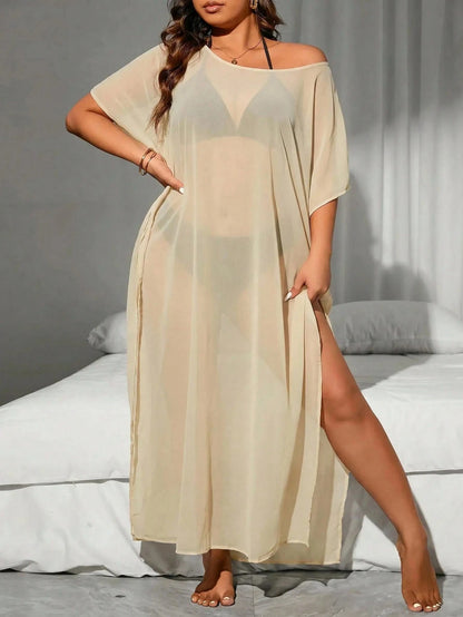Swim Vcay Plus Size Women's Solid Color Asymmetrical Shoulder Batwing Sleeve Side Slit Hem Cover Up Dress