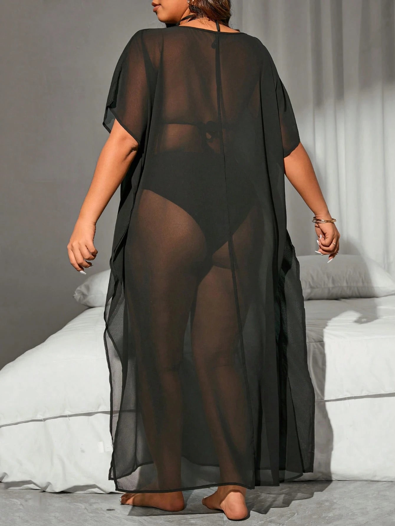 Swim Vcay Plus Size Women's Solid Color Asymmetrical Shoulder Batwing Sleeve Side Slit Hem Cover Up Dress