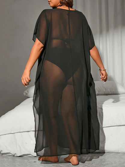 Swim Vcay Plus Size Women's Solid Color Asymmetrical Shoulder Batwing Sleeve Side Slit Hem Cover Up Dress