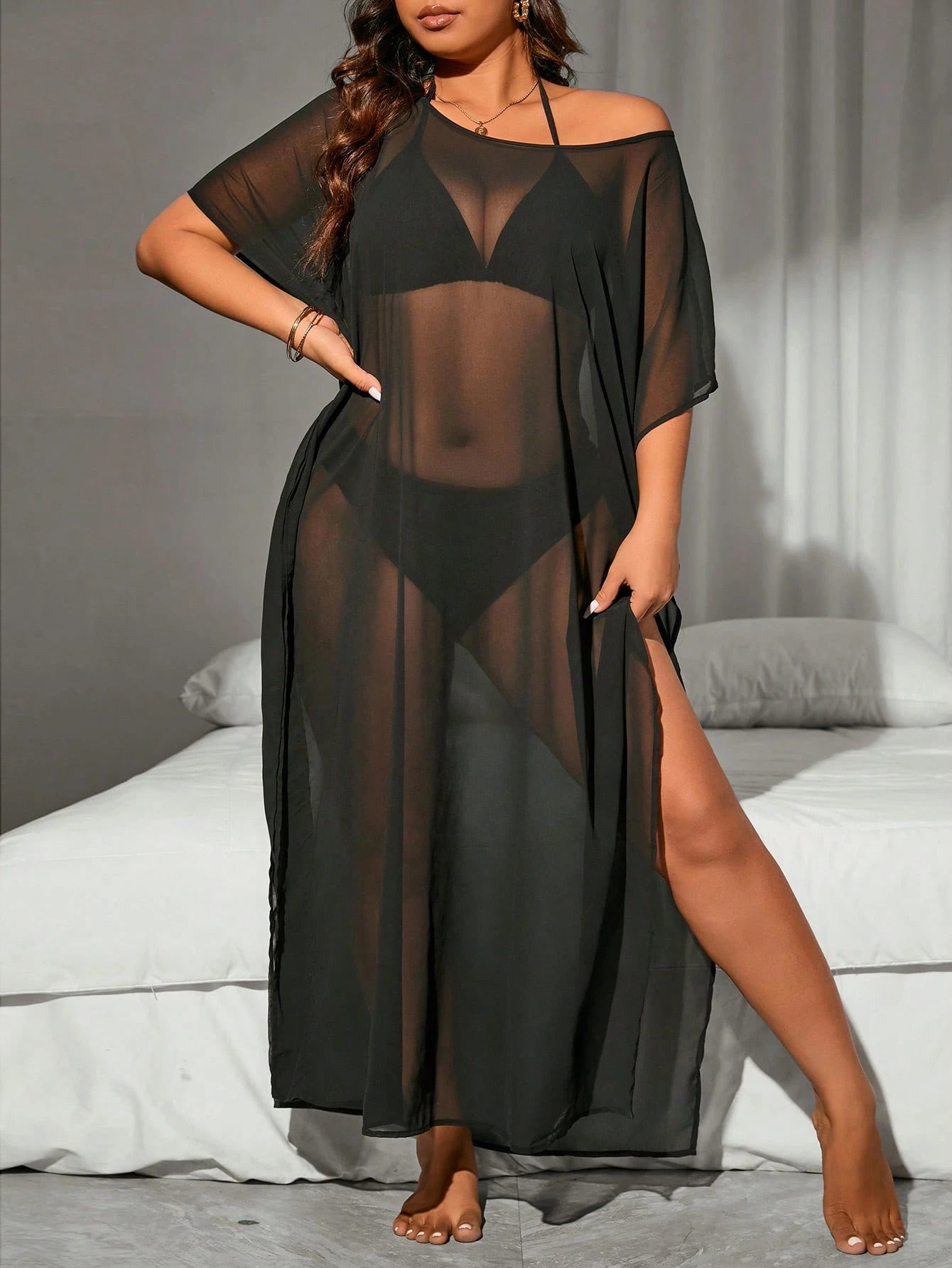 Swim Vcay Plus Size Women's Solid Color Asymmetrical Shoulder Batwing Sleeve Side Slit Hem Cover Up Dress