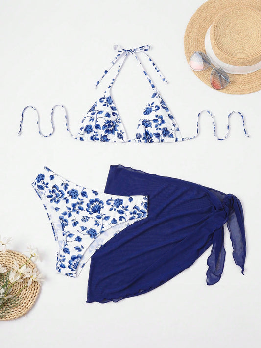 Swim Vcay Summer Beach Floral Print Halter Triangle Bikini Set With Beach Skirt
