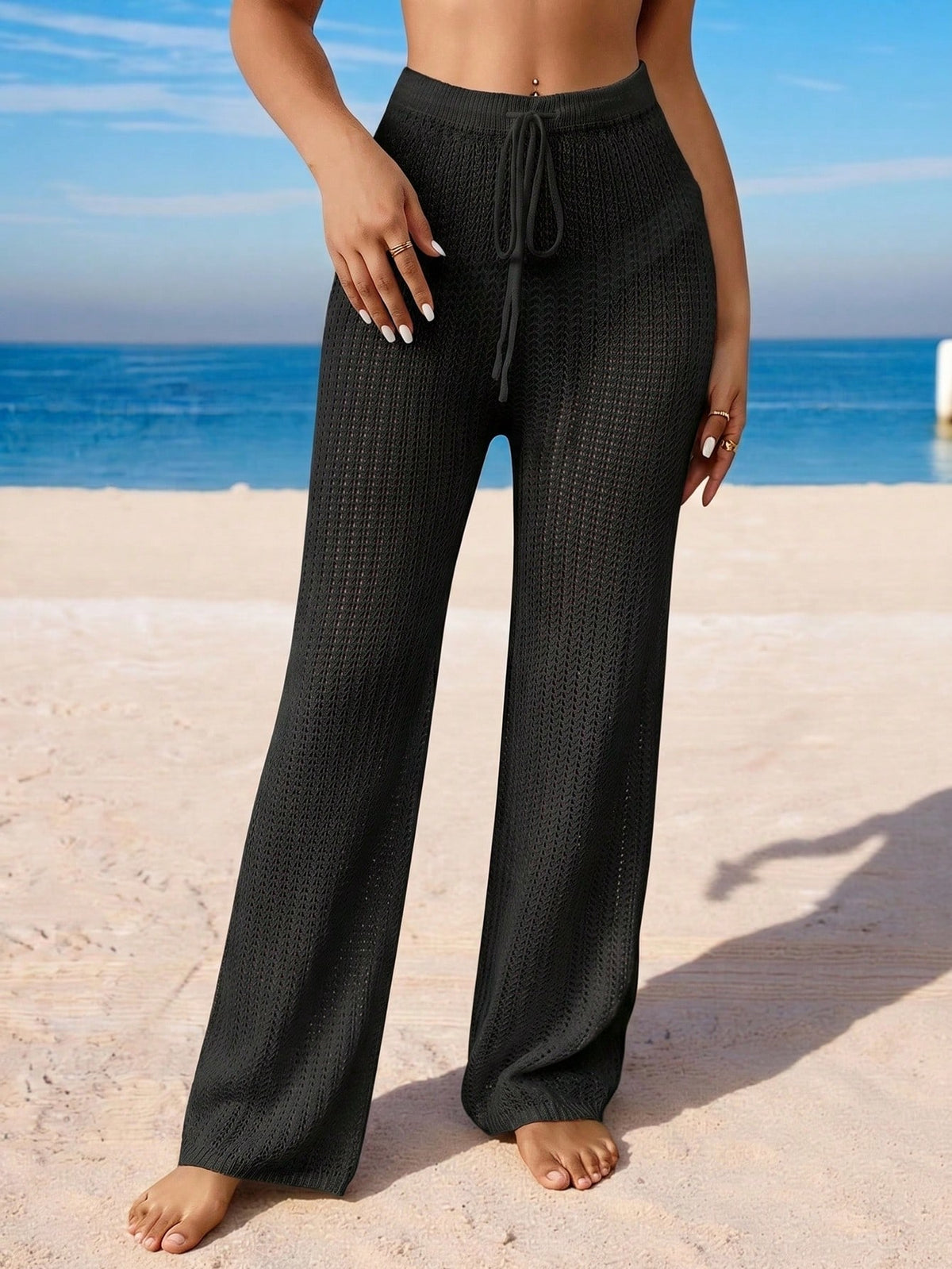 Swim Vcay Summer Beach Ladies' Texture Drawstring Cover-Up Pants Wedding