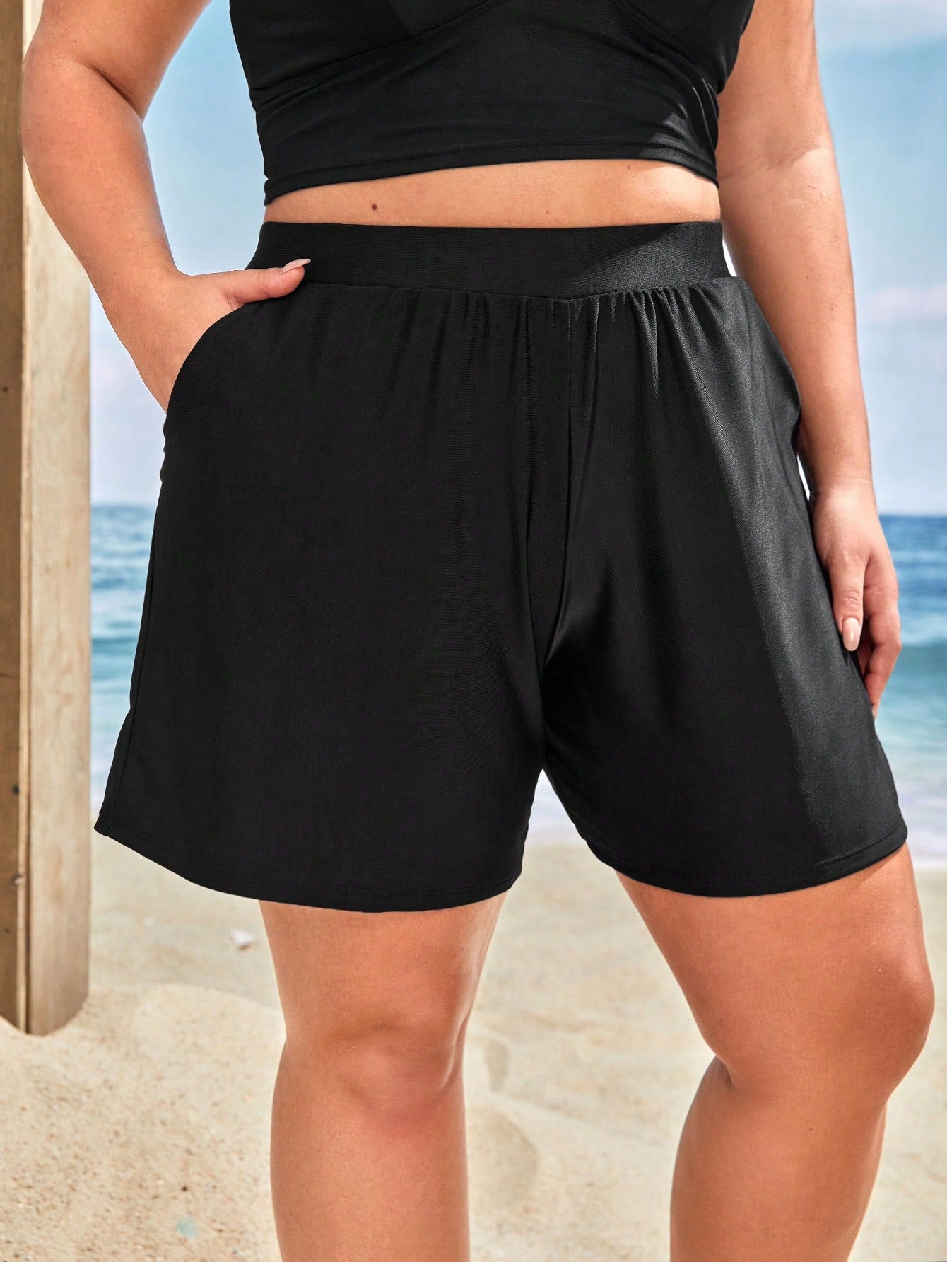 Swim Vcay Summer Beach Plus Solid Slant Pocket Shorts